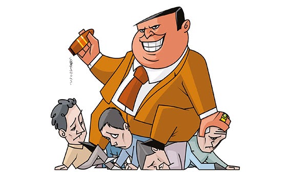 Large man with cigar sitting on small people