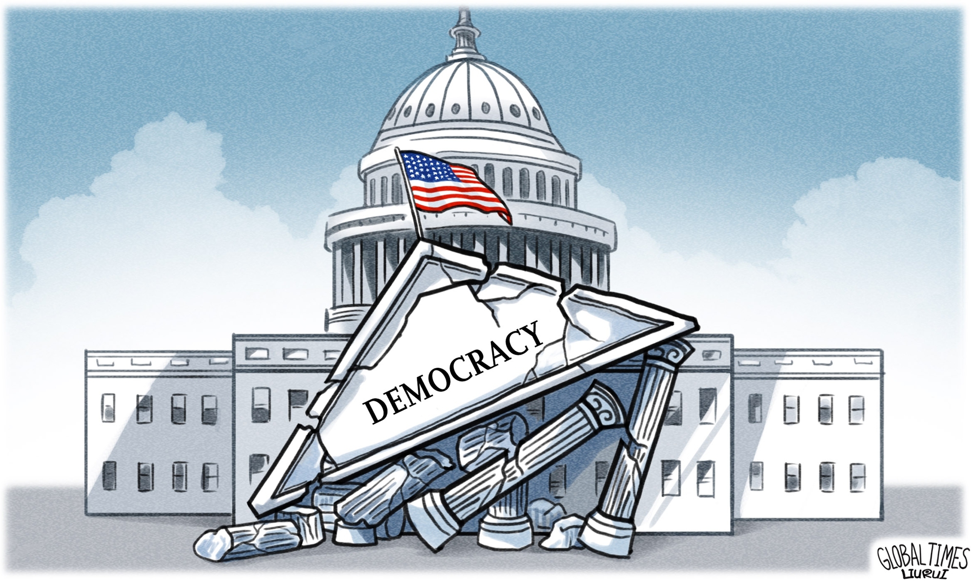 Fallen building with democracy sign