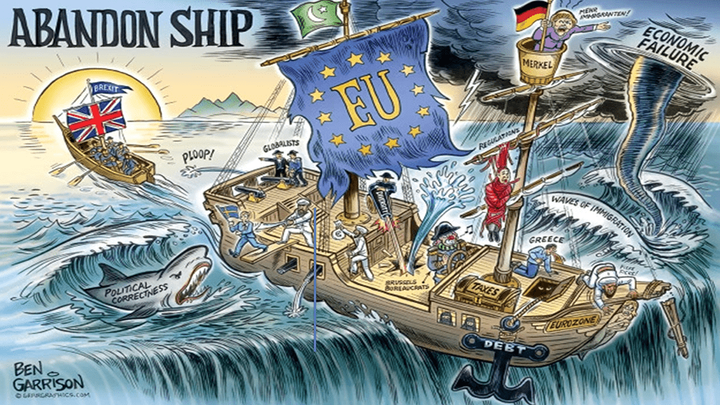 EU ship going over waterfall